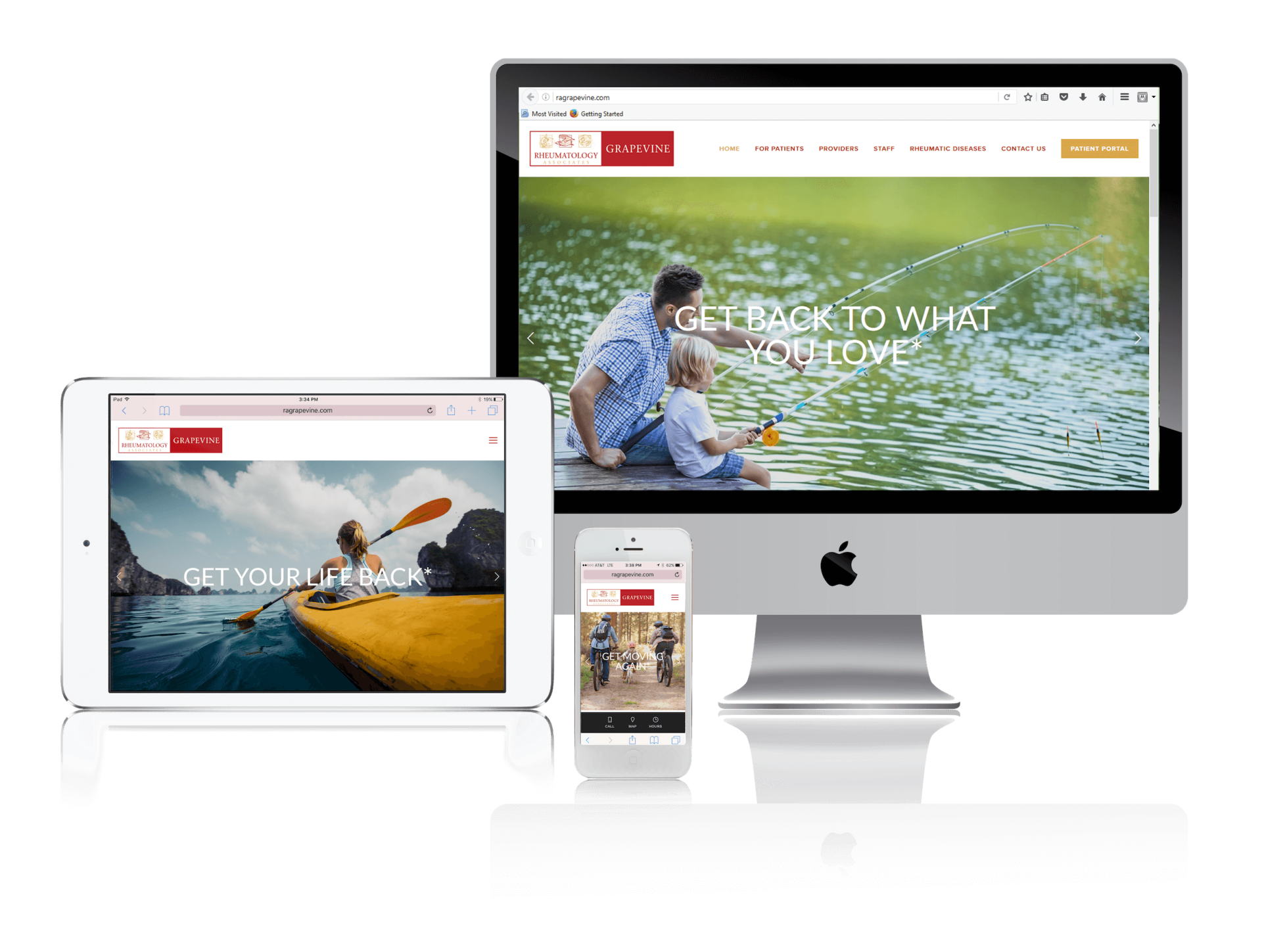 Website design on a desktop, tablet, and phone; showing a person kayaking, a couple by water.