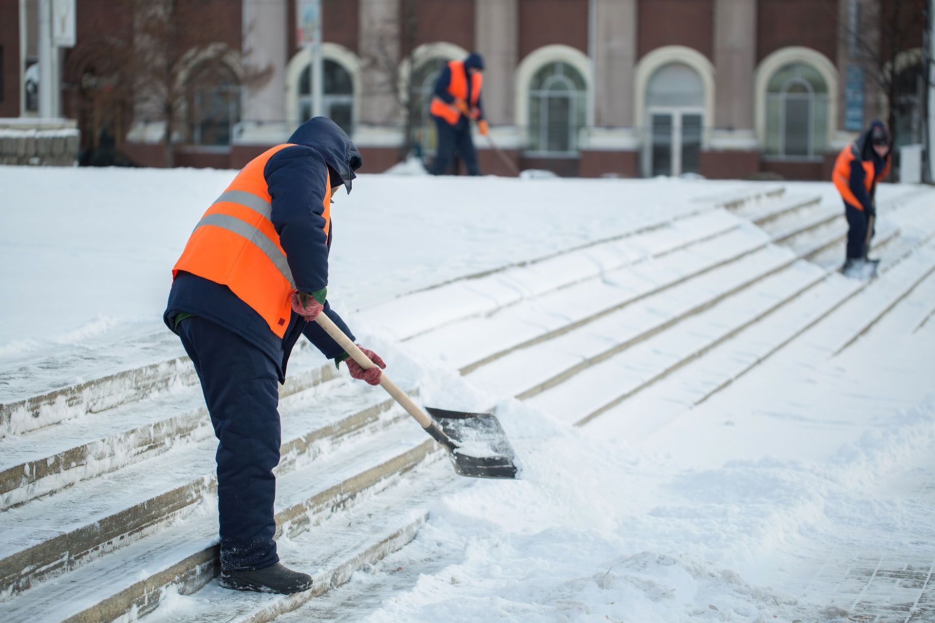 Workers in orange vests shoveling snow from wide stone steps outside a building Workers in orange vests shoveling snow from wide stone steps outside a building