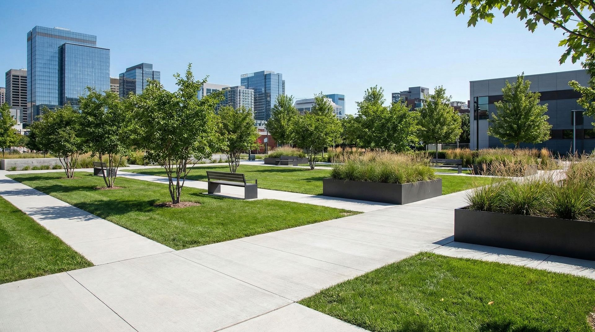Modern urban park with green lawns, benches, and walking paths under a clear sky, city buildings in the background