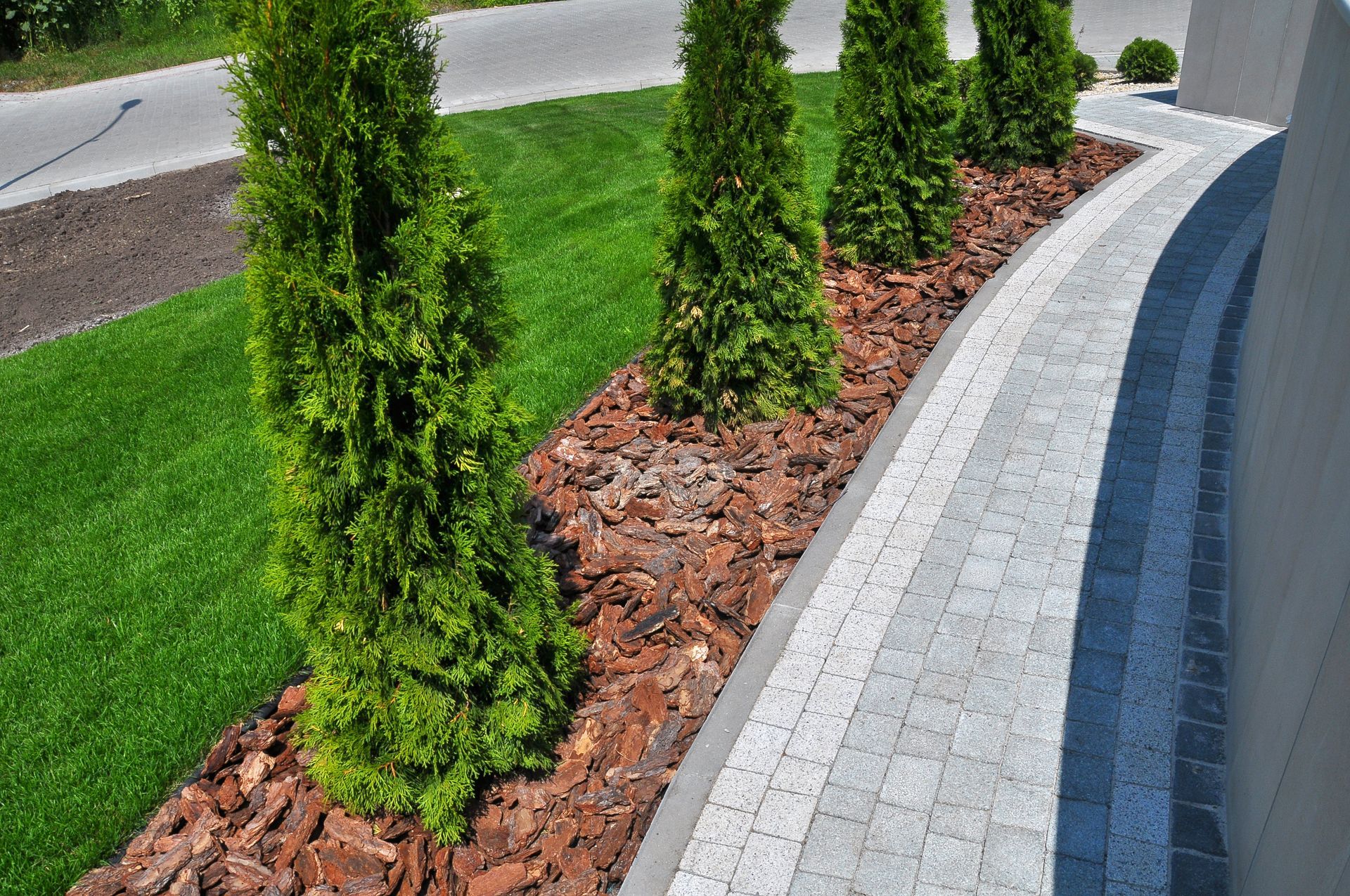 Curved landscaped walkway with evergreen shrubs, red mulch, and gray pavers beside a road