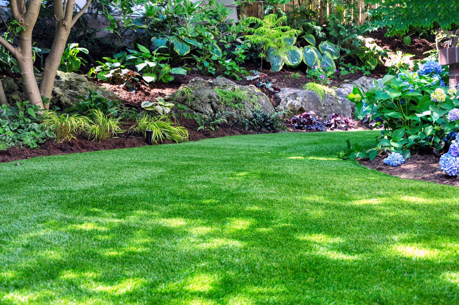 Lush green lawn bordered by colorful shrubs and trees in a landscaped garden