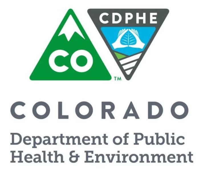 Colorado Department of Public Health & Environment logo with green CO triangle and CDPHE emblem