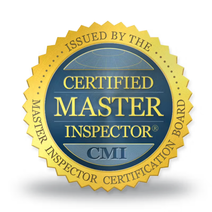Gold and blue Certified Master Inspector badge with CMI logo and inspection board text