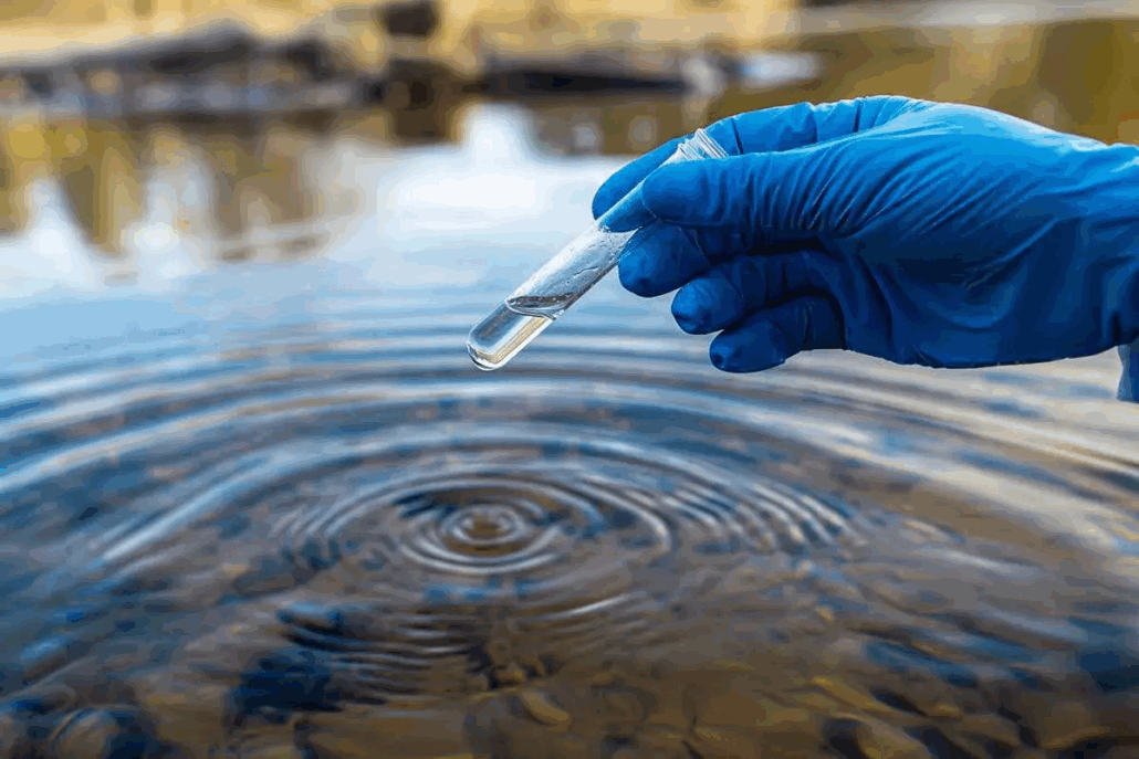 Blue-gloved hand holding a test tube for Well Water Testing