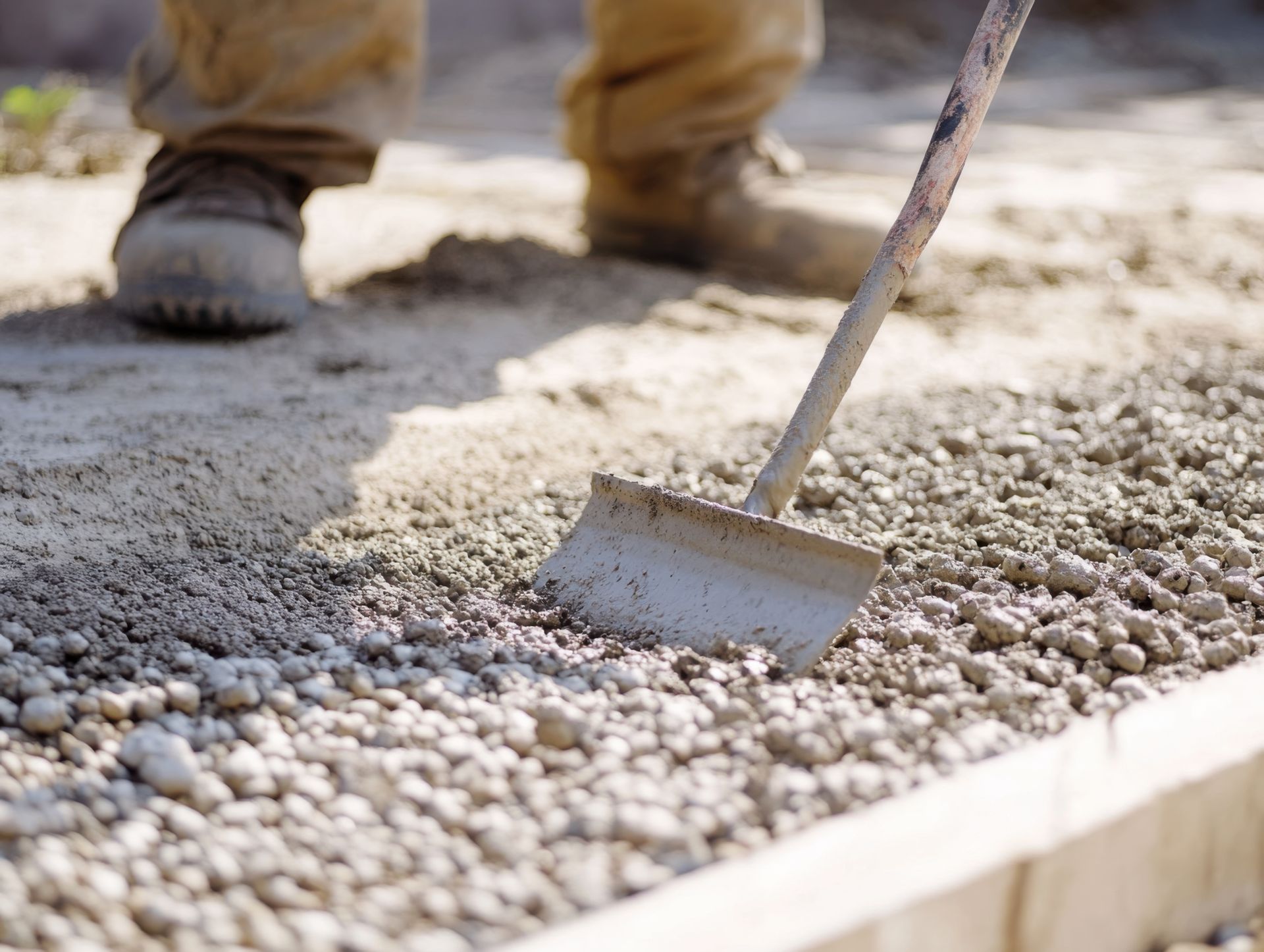 Person leveling gravel with a rake outdoors, wearing work boots.