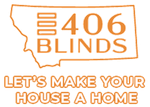 Logo for 406 Blinds. Orange design featuring Montana outline, text "406 BLINDS," and tagline, "Let's make your house a home."