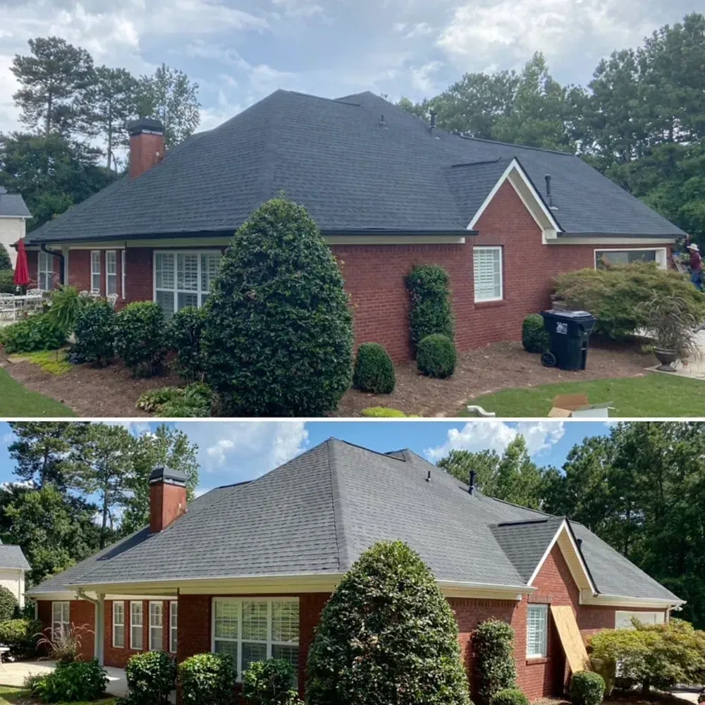 A before and after picture of a house with a new roof
