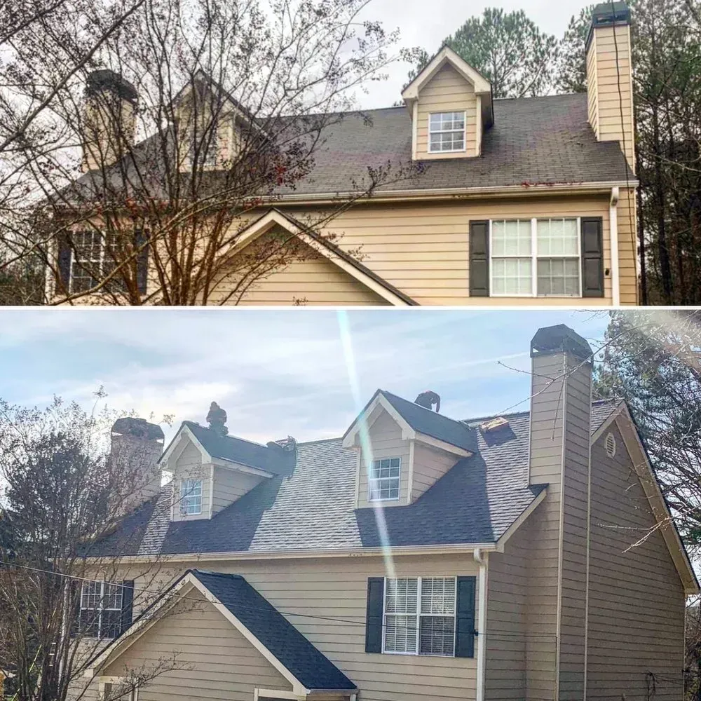 A before and after picture of a house with a new roof.