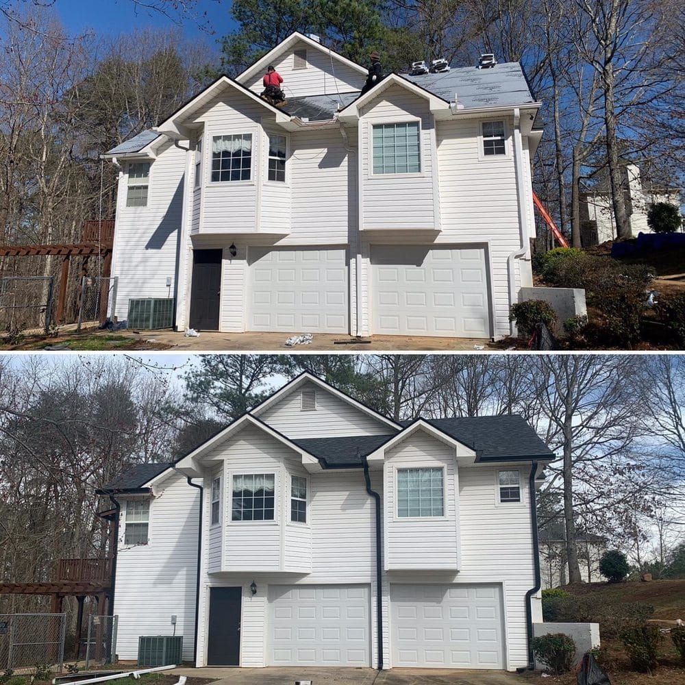 A before and after picture of a white house with a black roof.