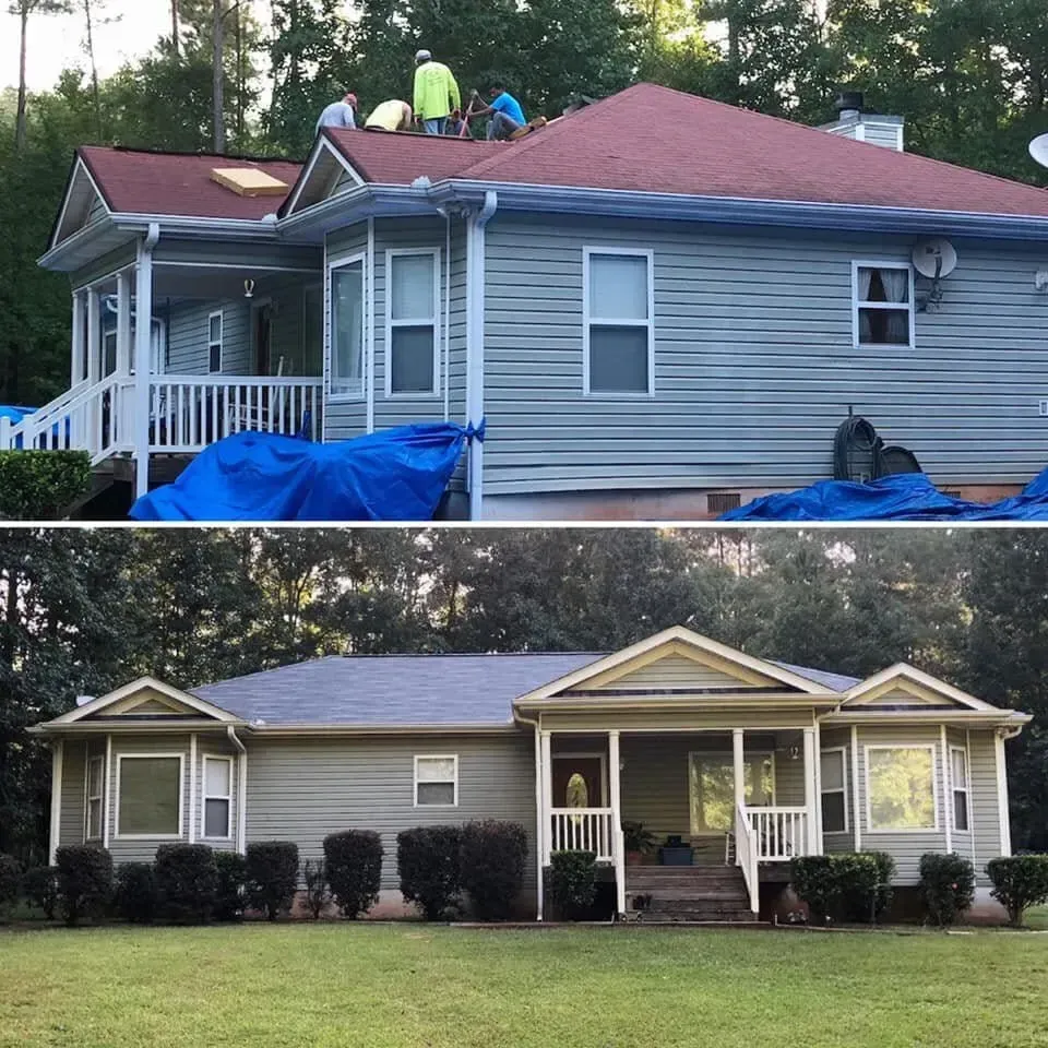 A before and after picture of a house with a red roof