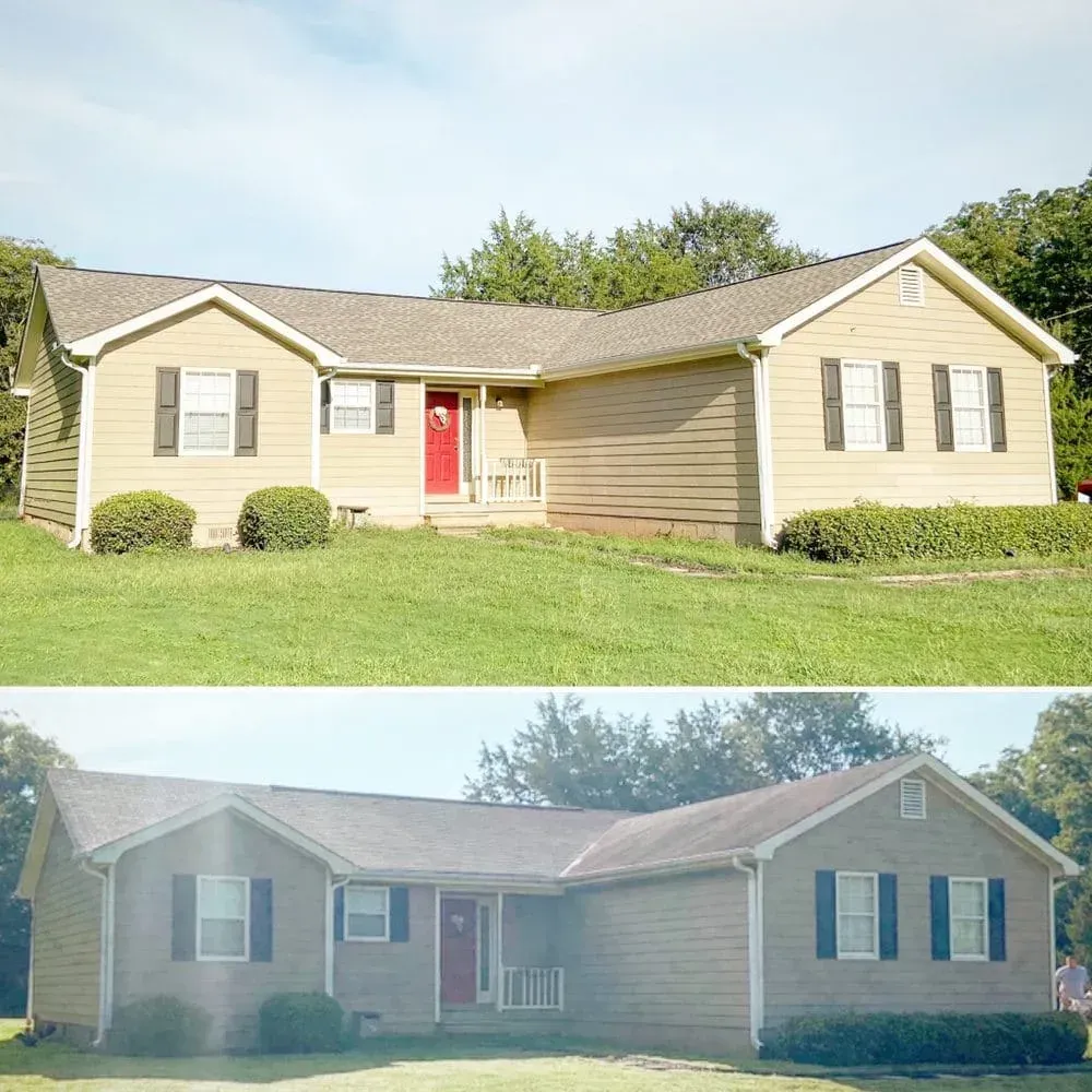 A before and after picture of a house with black shutters