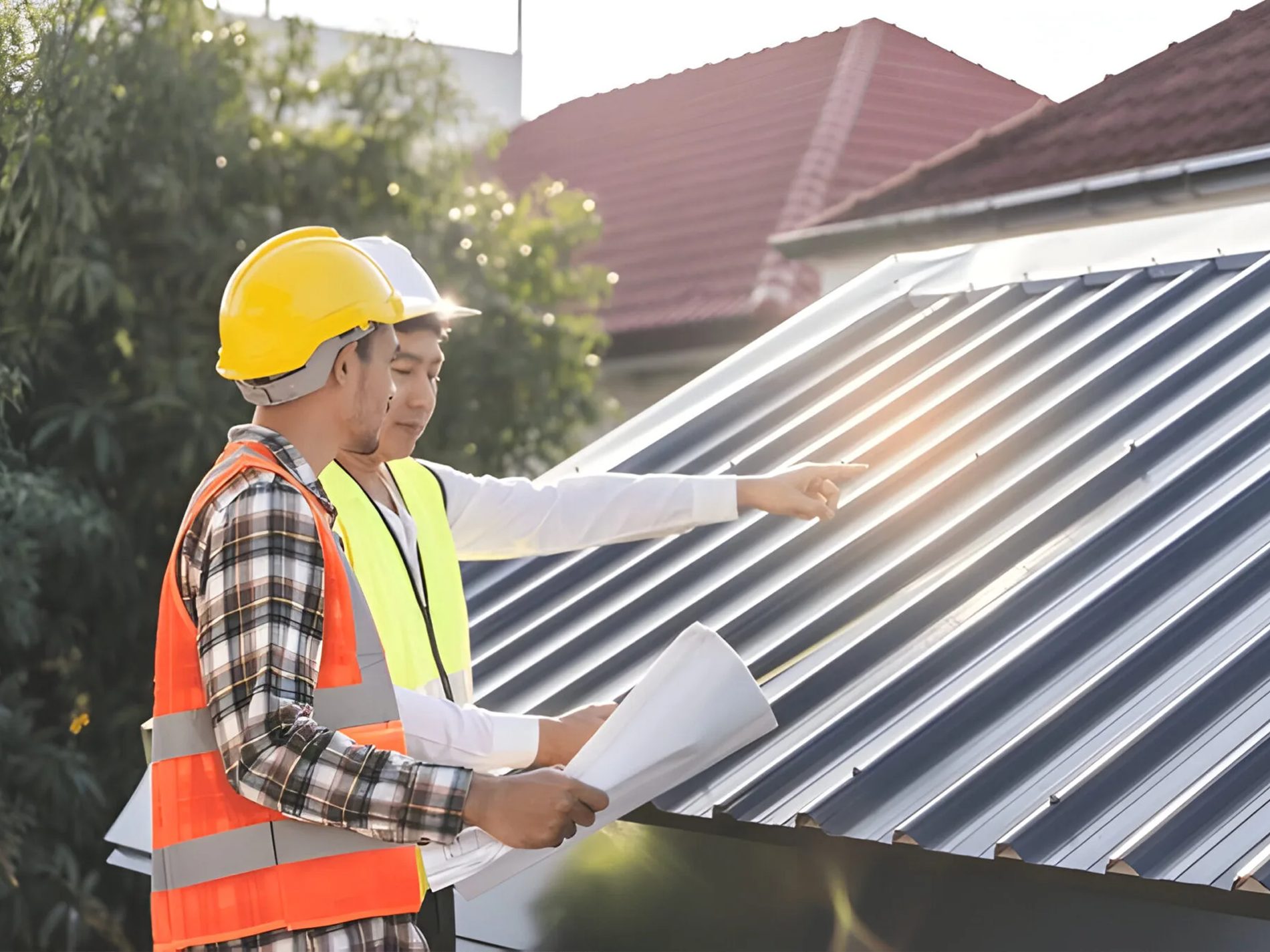 Two construction workers are standing on top of a roof looking at a blueprint.