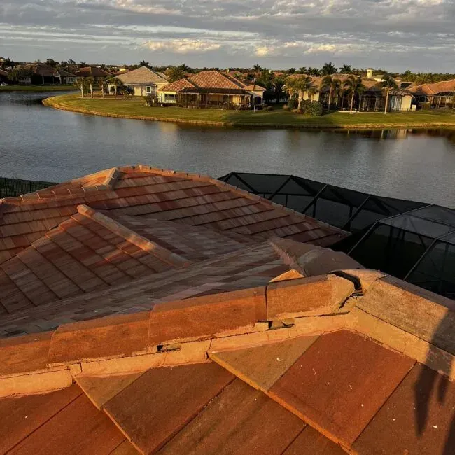 A view of a lake from the roof of a house.
