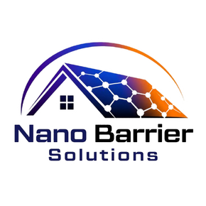 Nano Barrier Solutions logo with house roof, blue-orange arc, and molecular network design