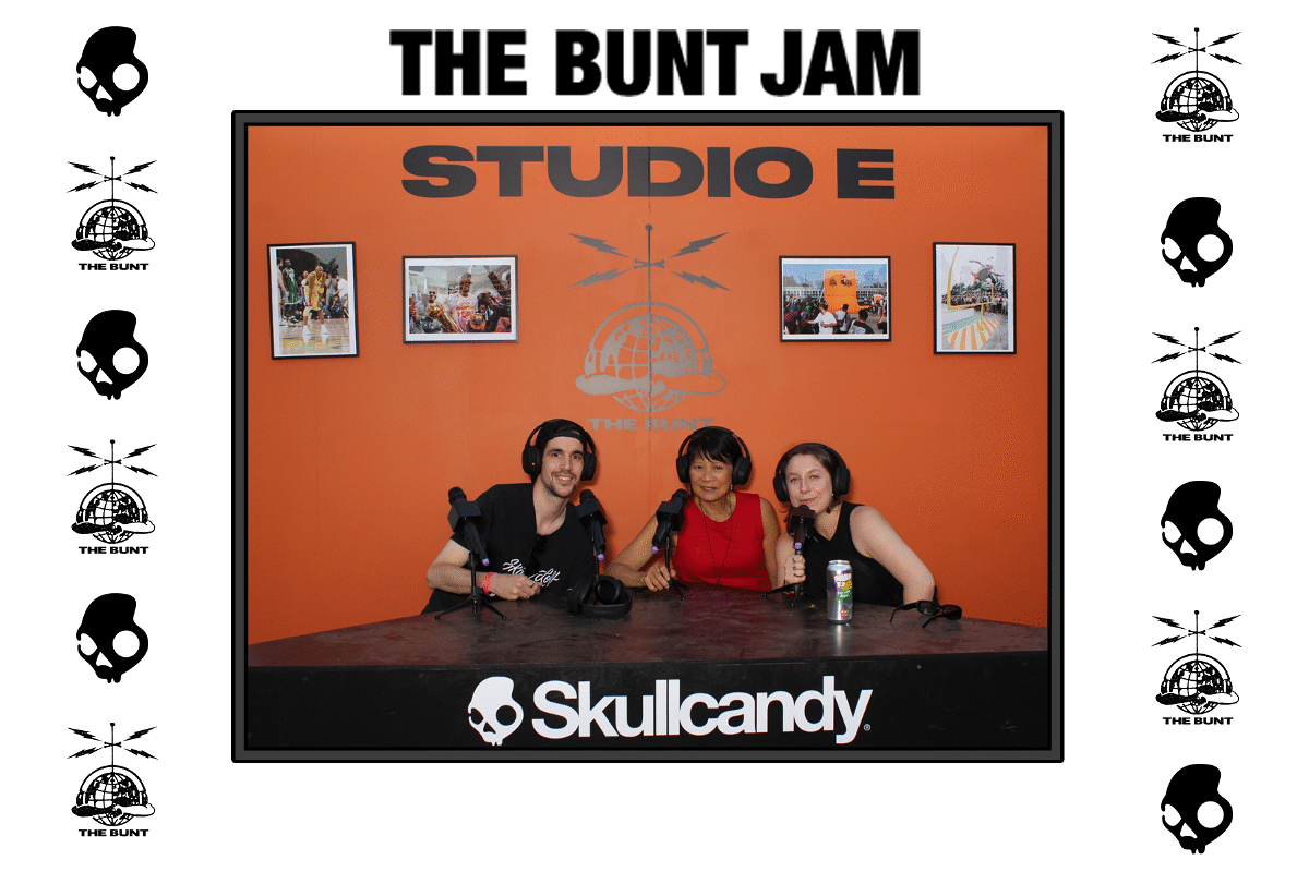 A GIF Photo Booth of 3 people in a studio setting with an orange background and mics.