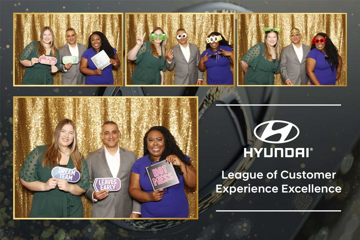 Photo booth shots at a Hyundai event, three people each, holding props, smiling. Gold backdrop, Hyundai logo.