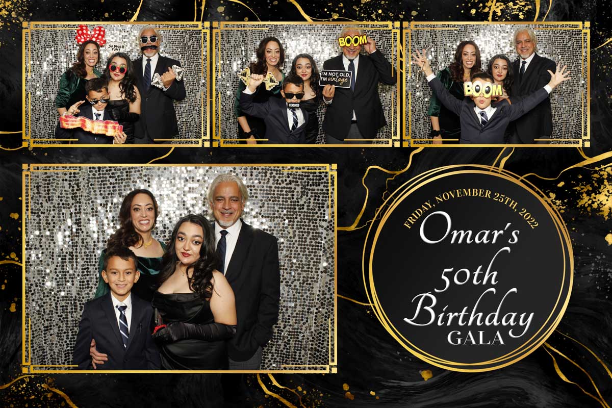 Photo booth strip: Family celebrating Omar's 50th birthday. Black and gold theme, posing with props.