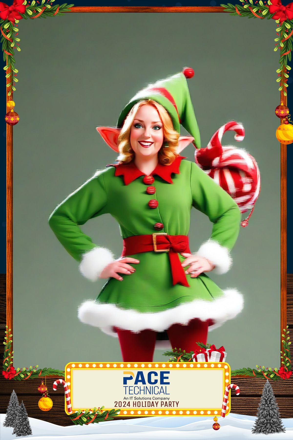 Woman in elf costume, green and red outfit, smiling, with candy cane balloon.