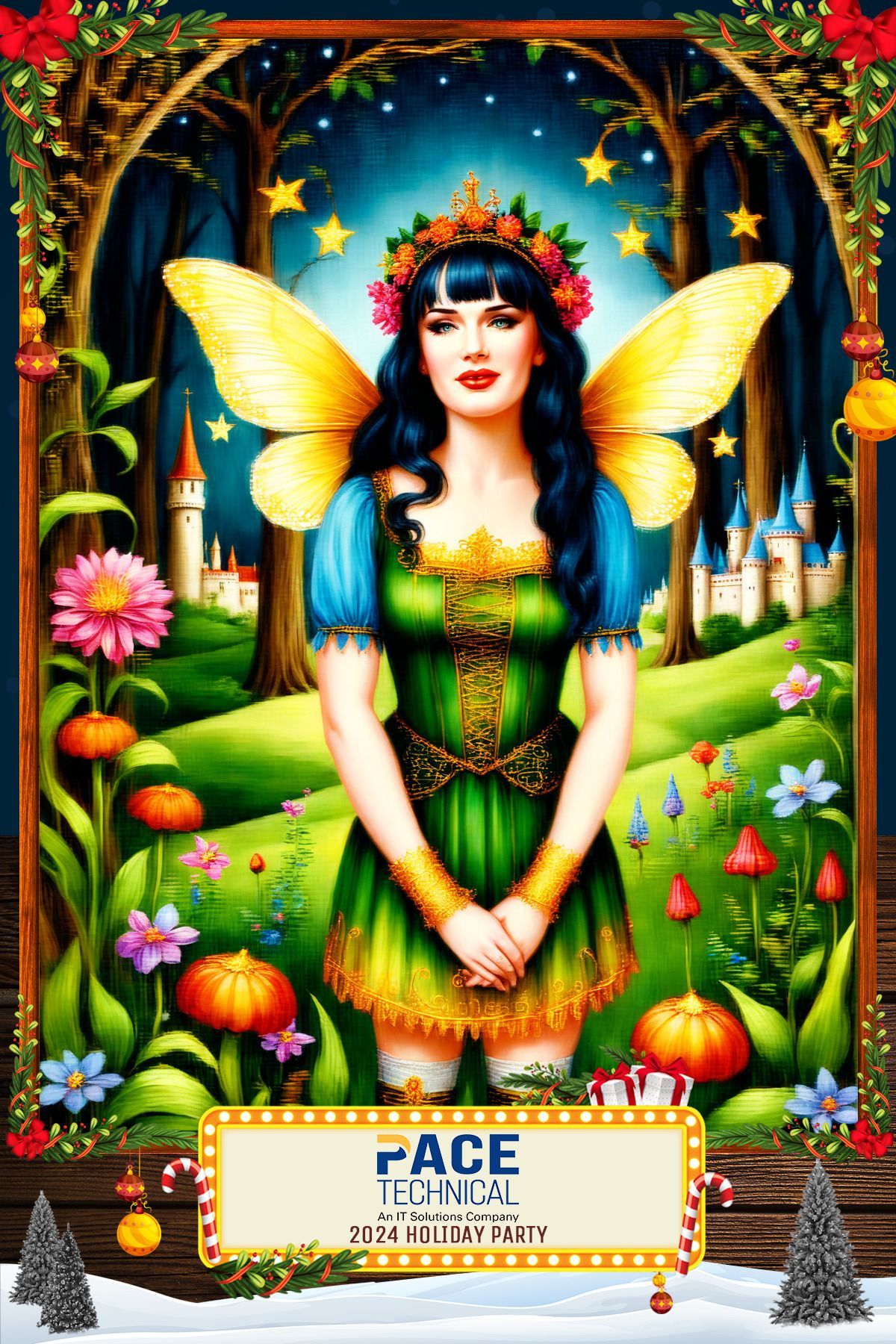 Fairy woman with gold wings and green dress. Background features a landscape with castles and flowers.