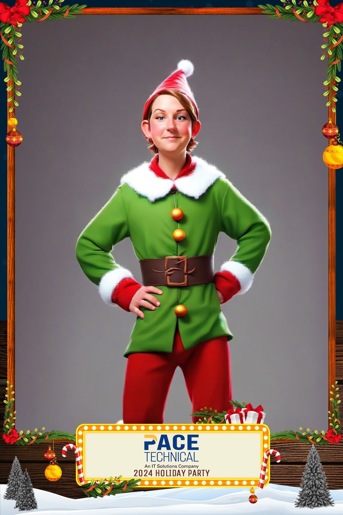 Young person in elf costume, hands on hips, smiling. Against a gray backdrop, holiday border.