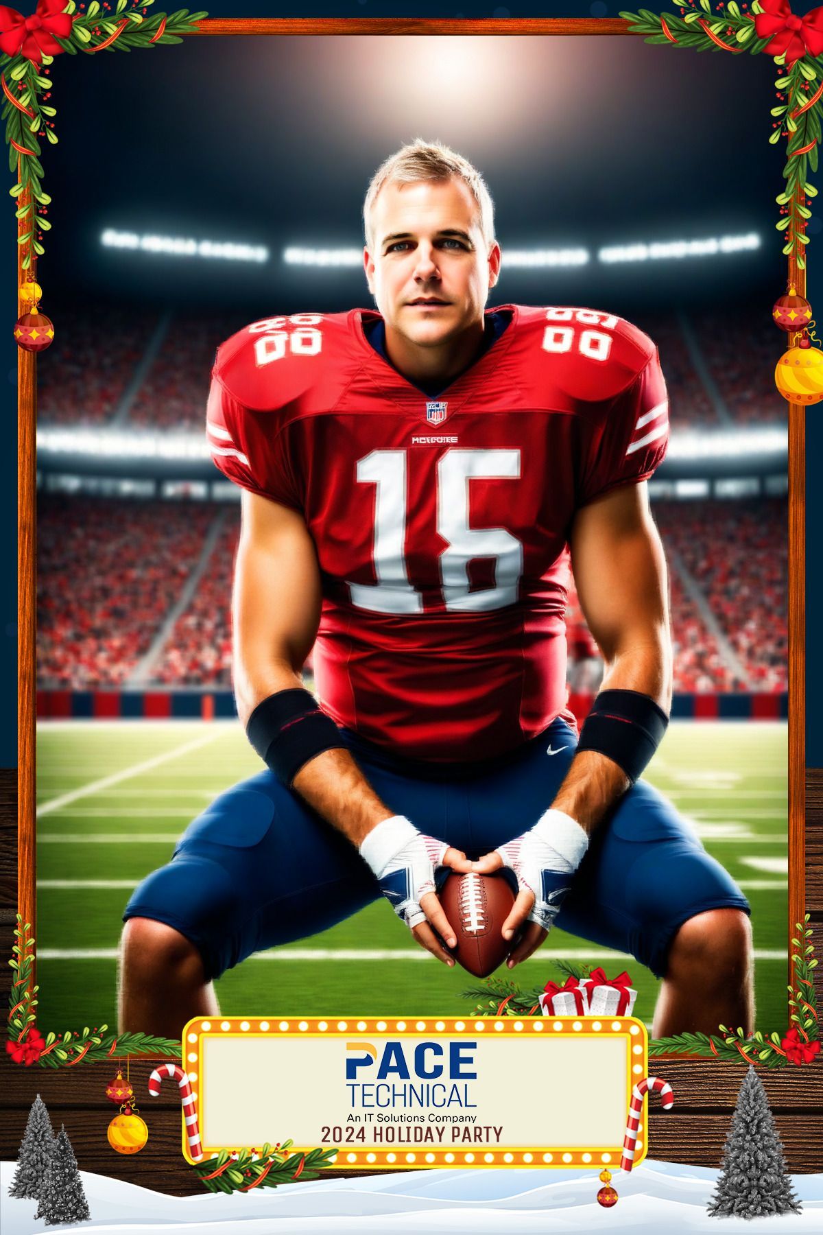 Football player in red jersey, number 15, on a field, in a Christmas frame.