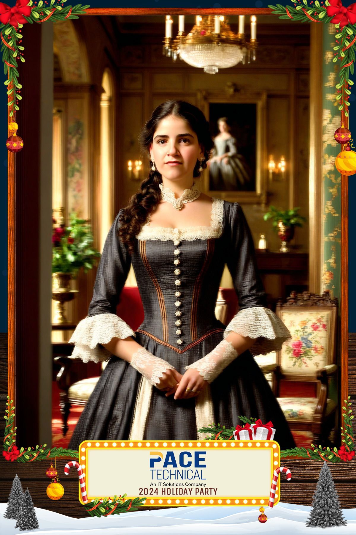 Woman in Victorian dress stands in a decorated room, framed by Christmas elements.