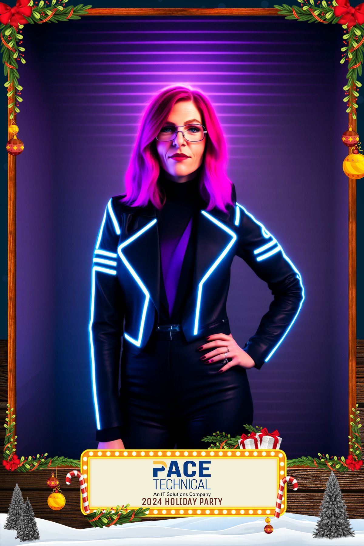Woman with pink hair, neon jacket, glasses, and a theatrical holiday card.
