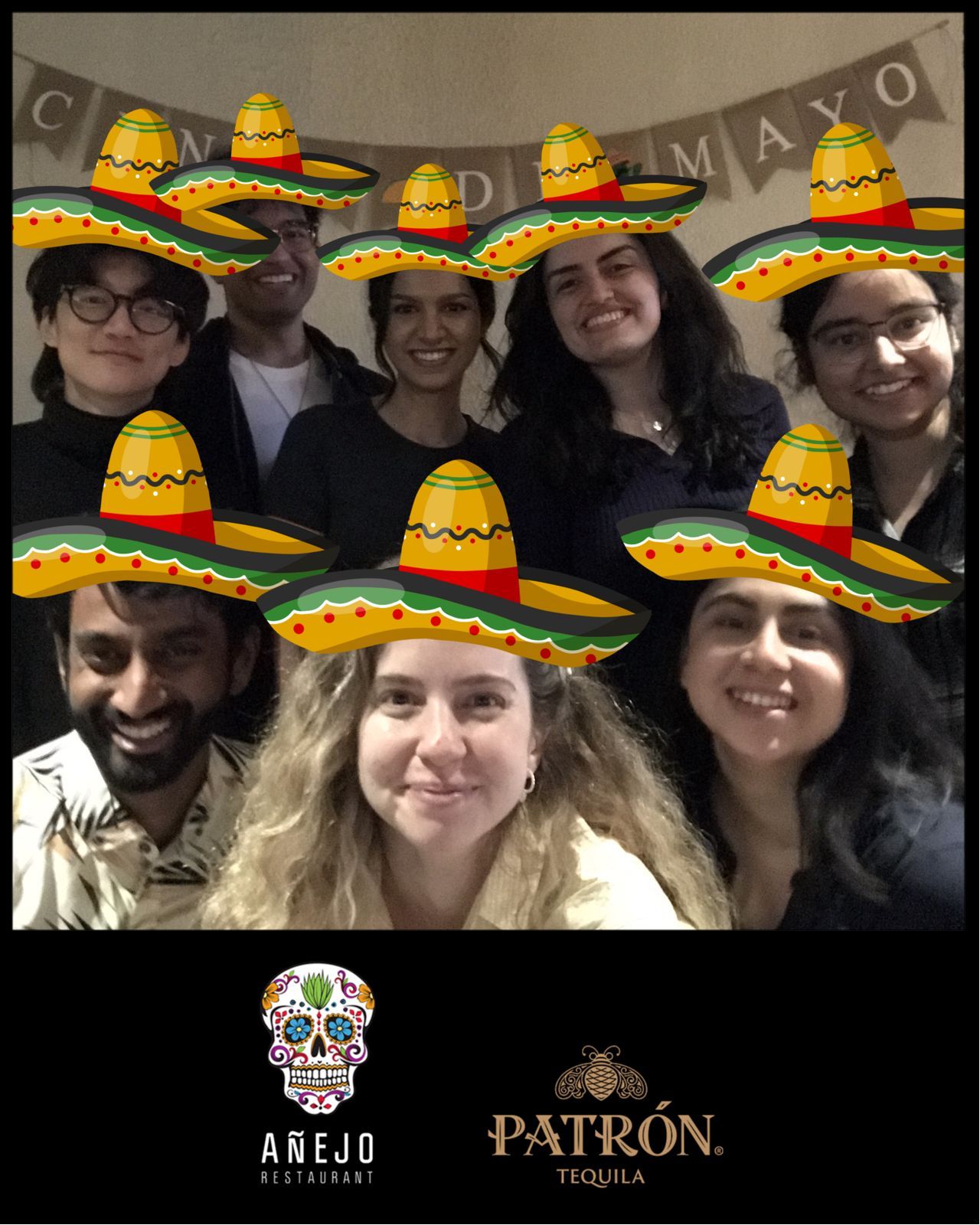 Group of people wearing sombrero filters celebrating Cinco de Mayo.