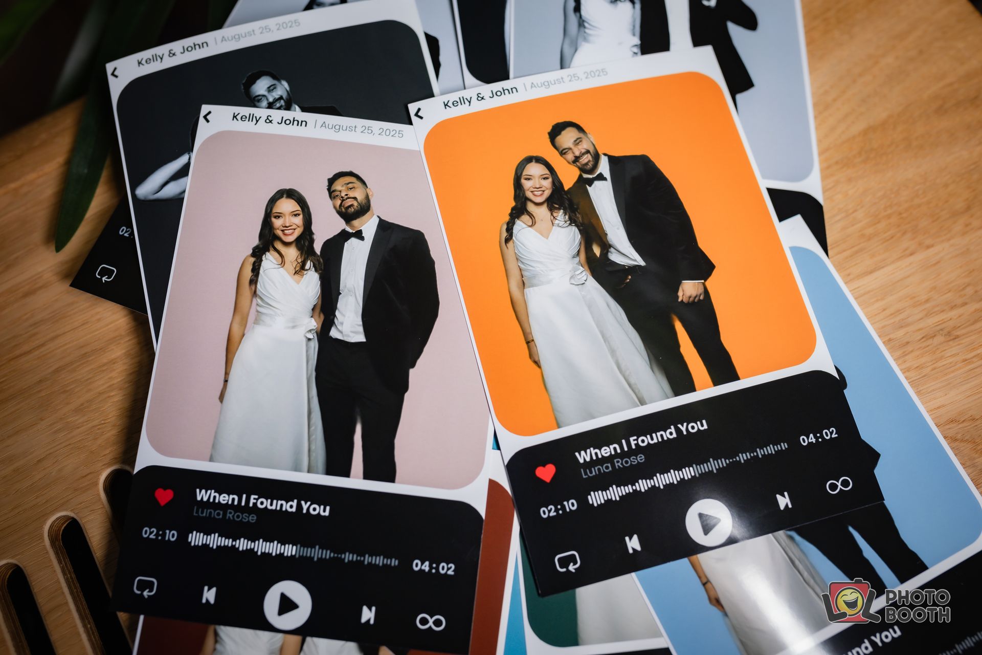 Wedding photos styled as music playlist cards. A couple in formal wear poses on cards with song info backgrounds.