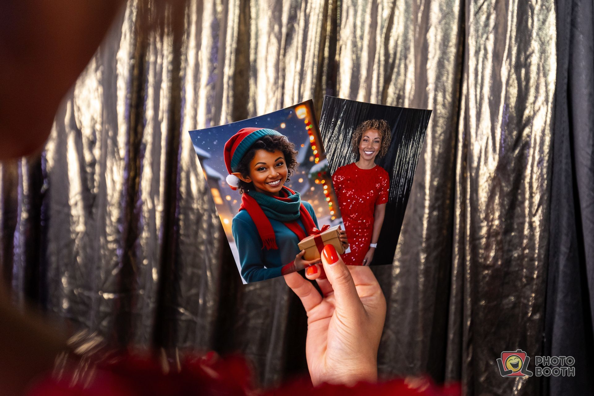 Person holding two photos of a woman smiling, one wearing a Santa hat, against a silver backdrop.