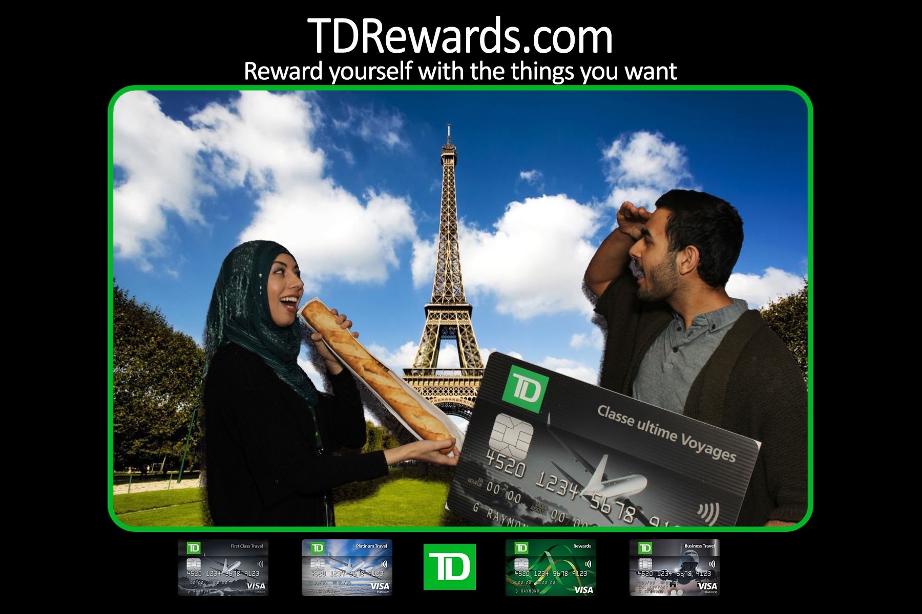 Woman eating baguette, man holding TD Rewards card, Eiffel Tower in background, website URL.