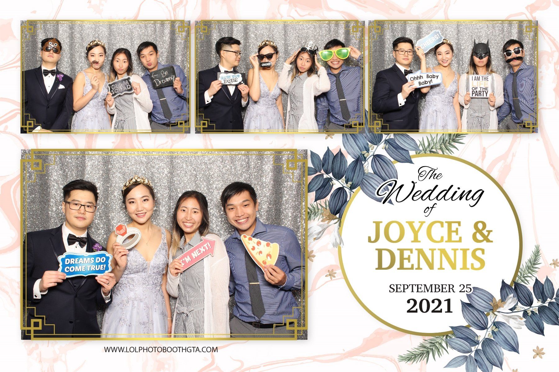 Photo booth strip from a wedding with four groups of people posing with props. The bride and groom are Joyce and Dennis.