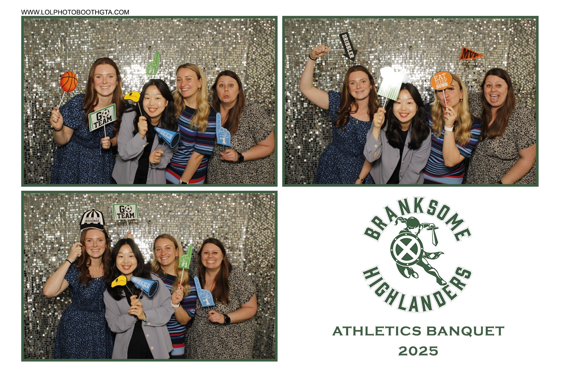 Four women at a photo booth, smiling with props against a silver glitter backdrop at a banquet.