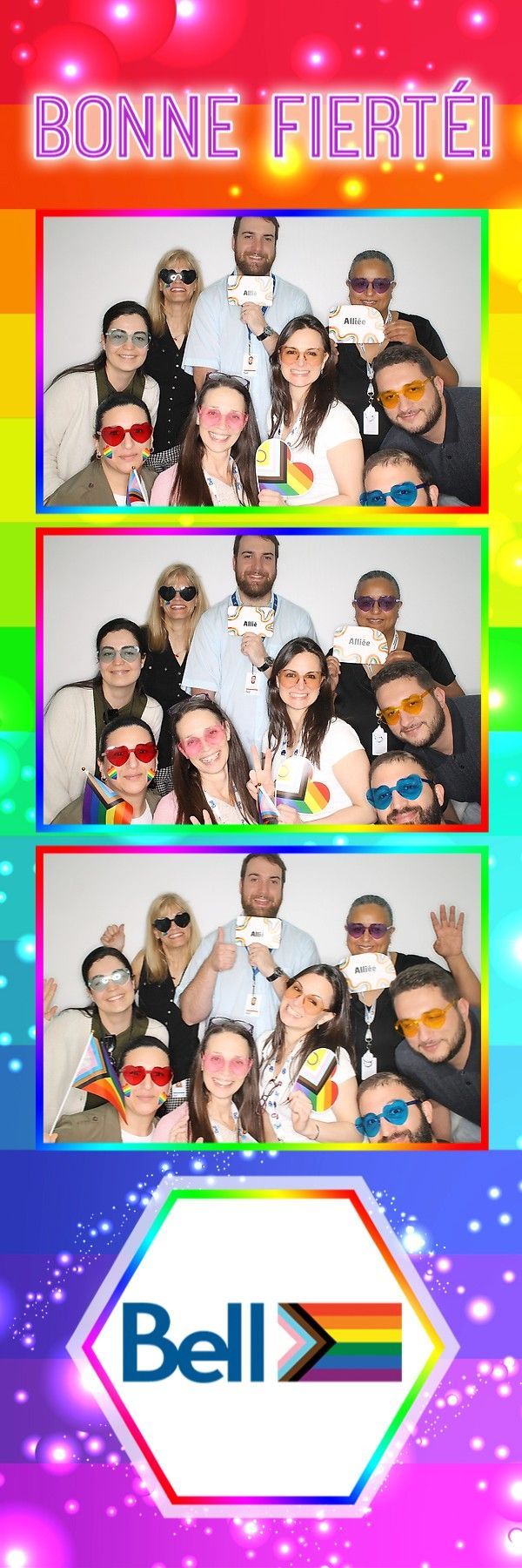 Photo booth strip with three photos of diverse people wearing sunglasses, holding props, and smiling, with Bell logo at the bottom.
