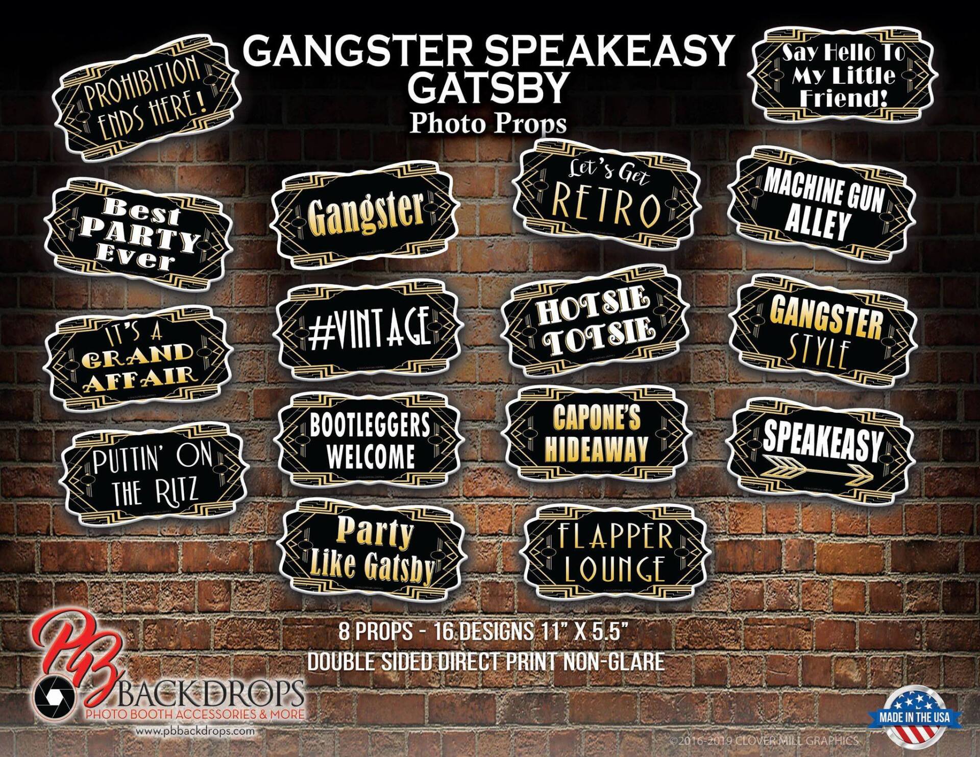 Gangster-themed photo props with phrases like 