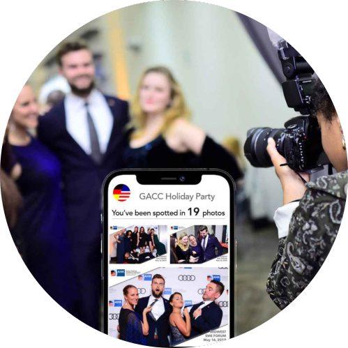 Smartphone displaying GACC holiday party photos; a photographer takes photos of people.