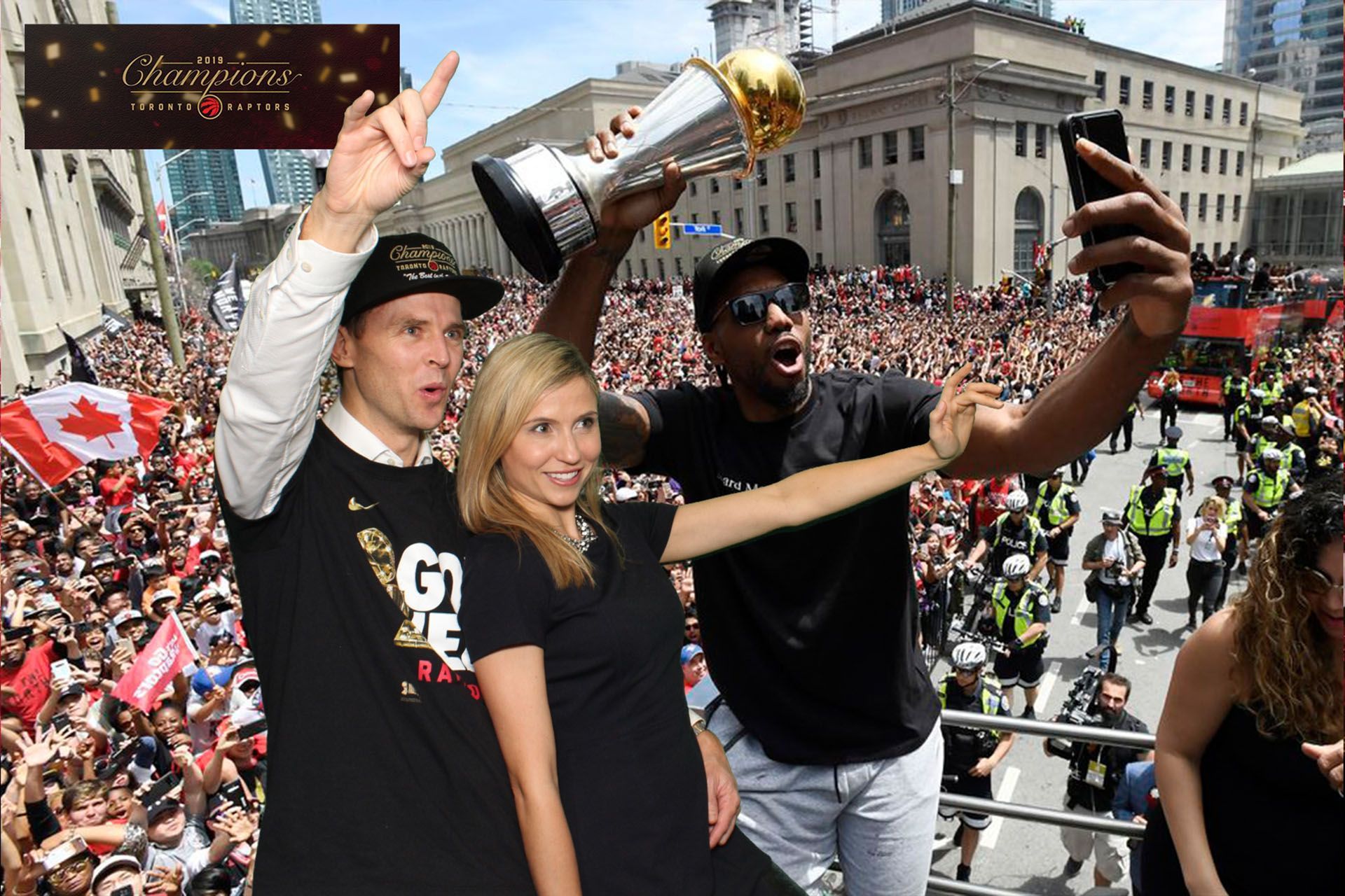 Toronto Raptors celebrate championship on a parade float. People cheer. Players hold trophy, take selfie.