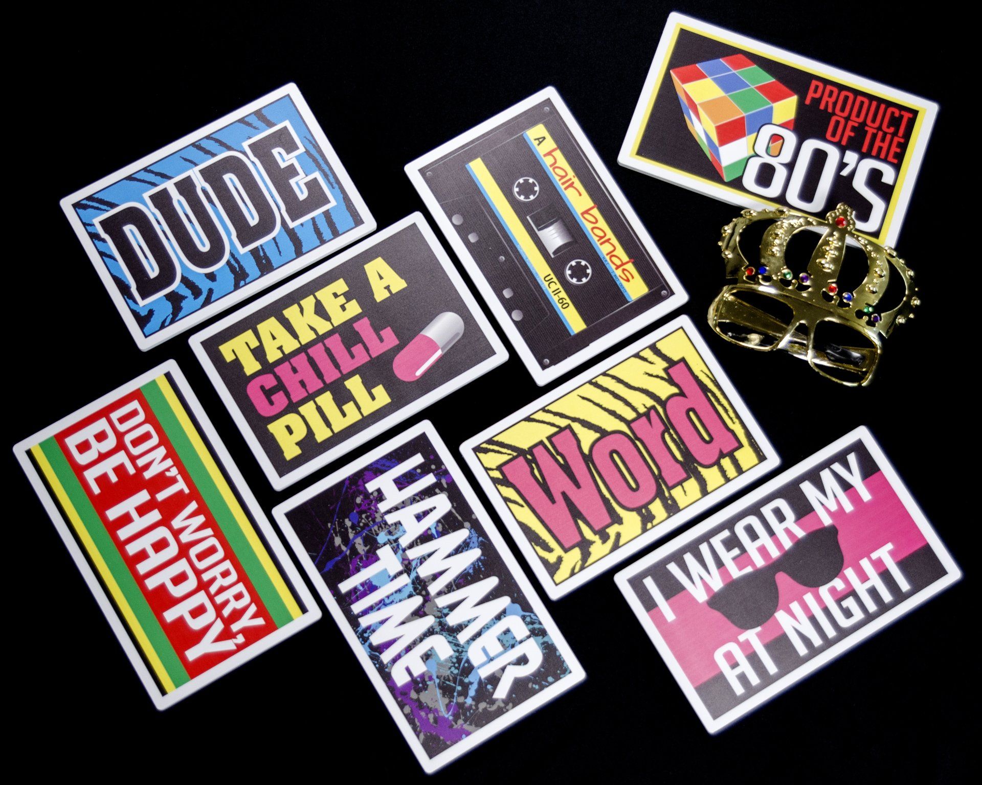 Collection of 80s-themed stickers, including phrases like 
