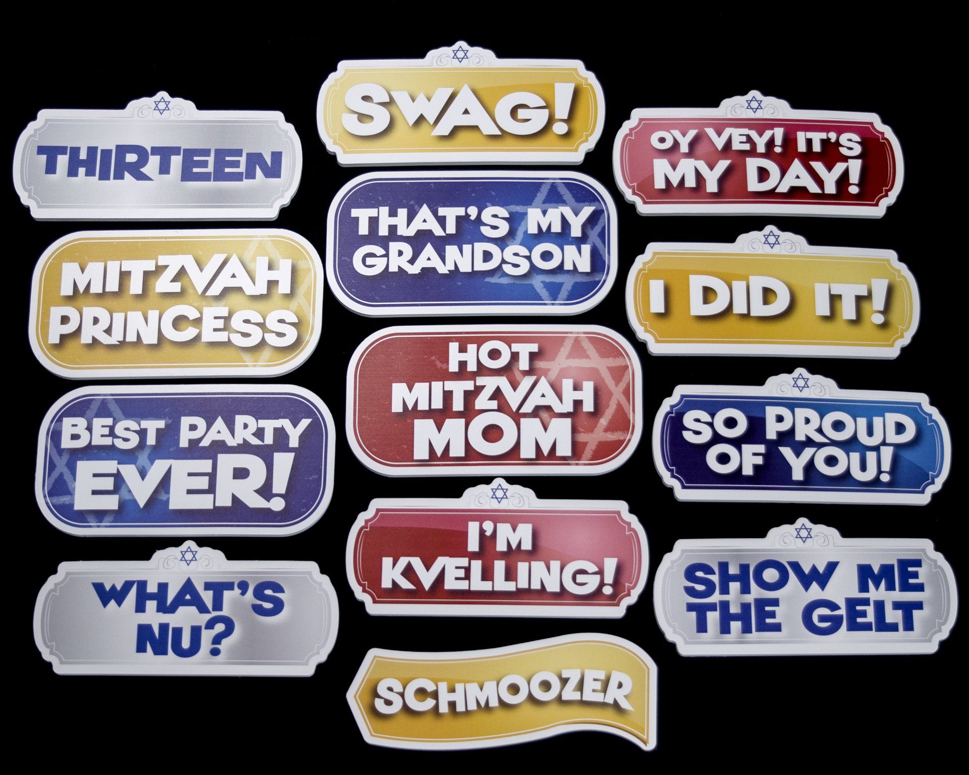 Photo booth props with phrases like 