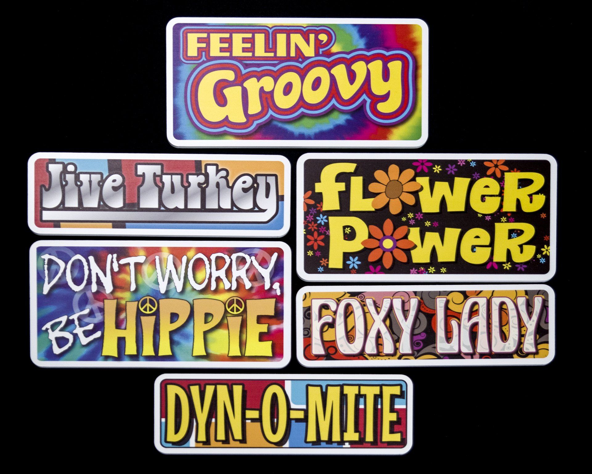 Collection of retro bumper stickers with phrases like 