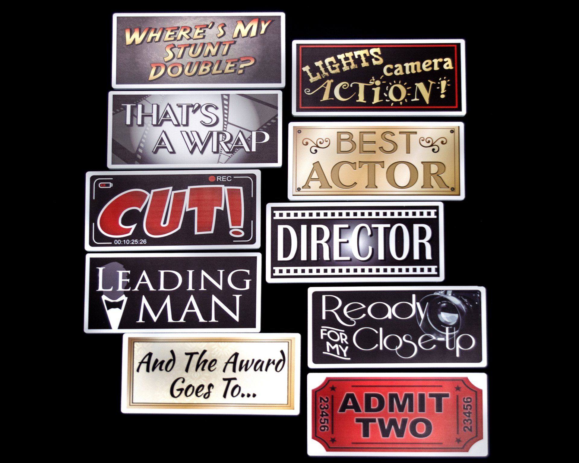 Film-themed signs with phrases like 