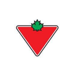 Red triangle with black border, green maple leaf; Canadian Tire logo.