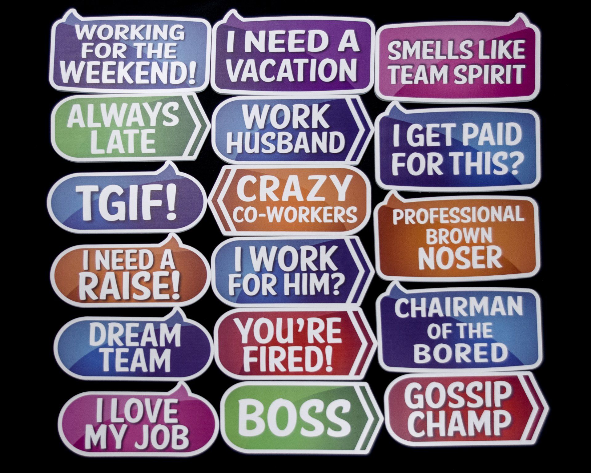 Collection of colorful workplace-themed speech bubble stickers. Phrases include 
