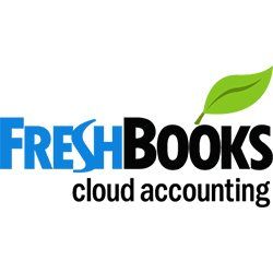FreshBooks logo: Blue and black text with a green leaf; tagline 