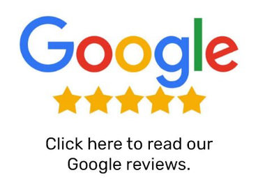 Google logo with five gold stars and text: Click here to read our Google reviews.