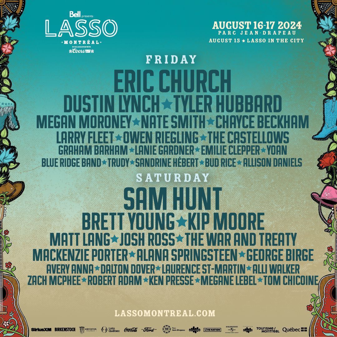 Lasso Montréal 2024 music festival lineup: Eric Church, Sam Hunt, Dustin Lynch, Brett Young, and more.