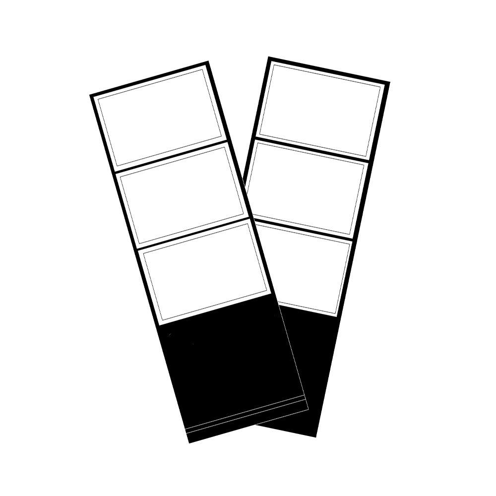 Two photo booth strips, each with three white photo frames and a black bottom section.