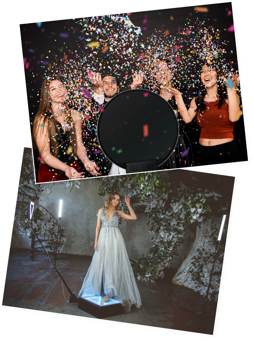 Two photos: one of people with confetti, one of a person in a gown in a garden.