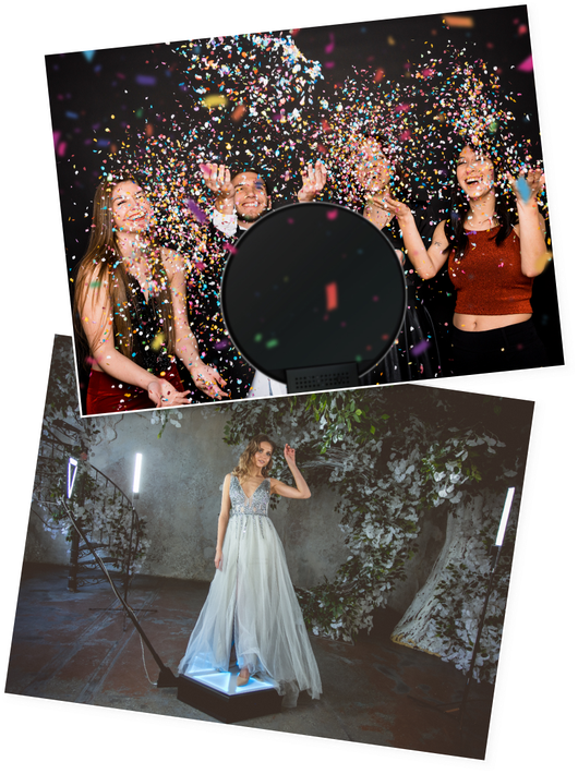 Top: Four people with confetti. Bottom: Woman in gown posing in front of foliage.