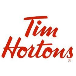 Red Tim Hortons logo on a white background, cursive text.